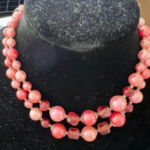 Vintage 2 Strand Shades of Pink Beaded Necklace, Gold Tone,